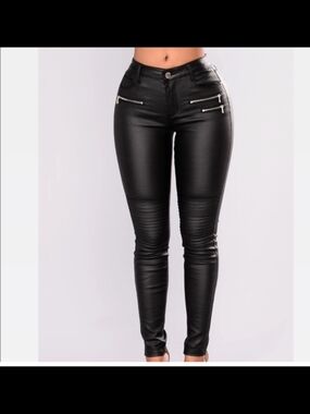 Fashion Nova Black Faux Leather Skinny Moto Pants with Zip Accents
